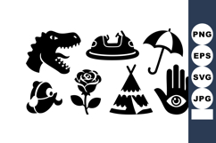 Collection of black silhouette icons including dinosaur head Product Image 1