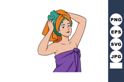 Woman with green curly hair wrapped in purple towel adjustin Product Image 1