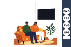 Two Men Sitting on Orange Floral Sofa Watching Television Re Product Image 1