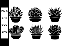Black Silhouette Succulent Plants in Pots Vector Product Image 1