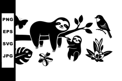 Sloth Family with Butterfly Bird Tropical Leaves Vector Product Image 1