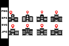 School Building Location Icons with Red Pins Vector Set Product Image 1
