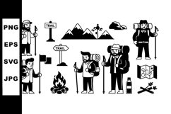 Hiking Backpacker Silhouettes with Trail Signs and Gear Vect Product Image 1