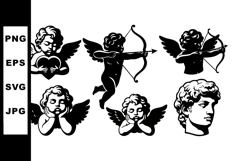 Cupid Angel Silhouettes with Bows and Hearts Vector Set Product Image 1