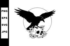 Raven Perched on Skull with Flowers Vector Product Image 1