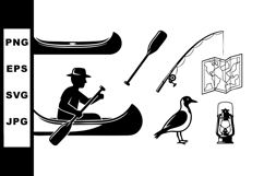 Canoe Paddler with Fishing Rod Bird Lantern Travel Map Vecto Product Image 1