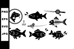 Fish Fishing Icons with Rod Hook and Skeleton Vector Set Product Image 1