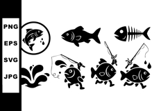 Fish Fishing Icons Set with Water Droplets Vector Product Image 1
