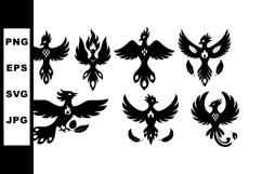 Black Phoenix Silhouette Vector Set with Wings and Flames Product Image 1