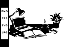 Workspace Desk with Laptop Book Lamp Coffee Cup Plant Product Image 1