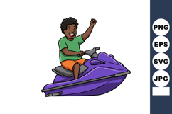 Boy wearing green shirt riding purple jet ski on water summe Product Image 1