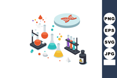 Laboratory glassware with colorful chemicals and DNA symbol Product Image 1