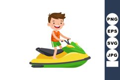 Boy riding green and yellow jet ski enjoying summer water sp Product Image 1