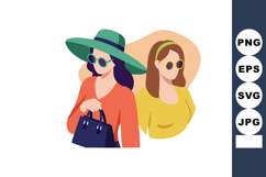 Two stylish women wearing sunglasses and hats holding handba Product Image 1