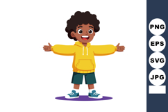 Happy boy with open arms wearing yellow hoodie and blue shor Product Image 1
