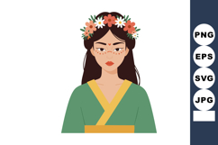 Woman with flower crown and traditional green and yellow rob Product Image 1