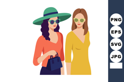 Two fashionable women wearing sunglasses hats and stylish dr Product Image 1