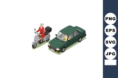 Elderly woman riding scooter alongside green car on road in Product Image 1