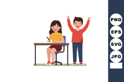 Happy boy celebrating success while girl writes at desk in c Product Image 1