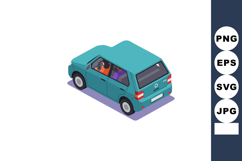 Blue compact car with driver and passenger isometric view ve Product Image 1