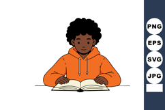 Boy reading book in orange hoodie focused on learning and ed Product Image 1