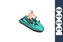 Elderly woman riding teal jet ski on water outdoor active re Product Image 1