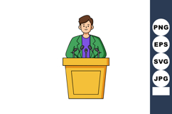 Young man delivering speech at podium with multiple micropho Product Image 1