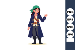 Pirate girl character waving hand in navy blue coat and gree Product Image 1