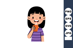 Young girl happily drinking juice with straw in purple strip Product Image 1