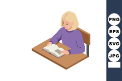 Girl reading book at desk in purple sweater focused on study Product Image 1