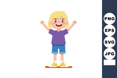 Happy blonde boy standing on skateboard with raised arms wea Product Image 1