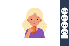 Blonde woman drinking juice from orange carton with straw in Product Image 1