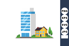 Modern office building and yellow residential house with gre Product Image 1