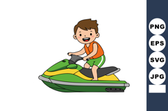 Boy riding green and yellow jet ski water scooter summer fun Product Image 1