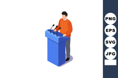 Man standing behind podium speaking at microphone in public Product Image 1