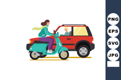 Woman riding teal scooter past red car with blonde child pas Product Image 1