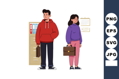 Young man and woman standing with briefcases in office envir Product Image 1