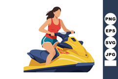 Woman riding yellow jet ski in sporty red top and blue short Product Image 1