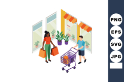 Woman carrying shopping bags and man pushing cart in store w Product Image 1