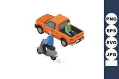 Orange pickup truck and gray scooter with two men riding in Product Image 1