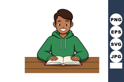 Young boy reading book at wooden table wearing green hoodie Product Image 1
