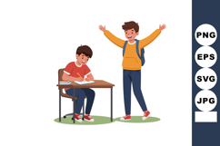 Two school boys studying and celebrating with backpack and d Product Image 1