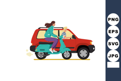 Woman riding turquoise scooter past red car with male driver Product Image 1