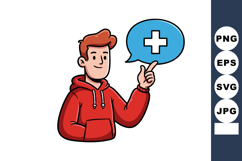 Young man in red hoodie pointing at medical cross symbol spe Product Image 1