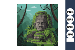 Ancient stone face statue overgrown with green tropical plan Product Image 1