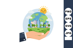 Hand Holding Earth with Cityscape Trees Cars and Smiling Sun Product Image 1