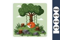 Fox Sleeping Under Tree with Green Leaves and Tree Stumps in Product Image 1
