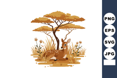 Fawn resting under acacia tree in savannah landscape with go Product Image 1