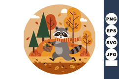 Raccoon walking with basket in autumn forest with orange and Product Image 1