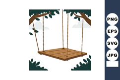 Wooden swing hanging from tree branches with green leaves ve Product Image 1